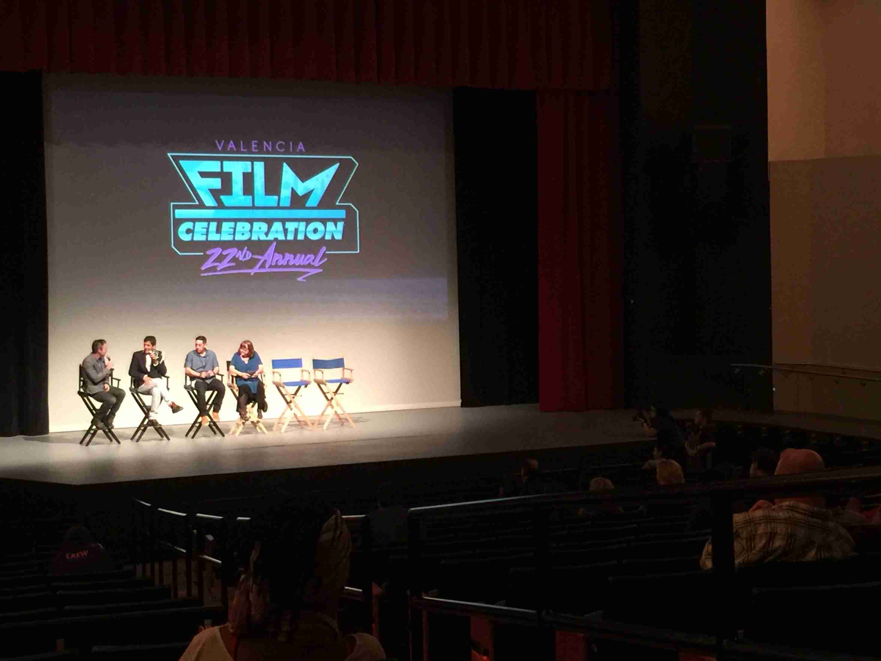 Eric Fleming, Valencia's Film Program Director, shares the stage with Julio Uchoa, Jose Cartagena, and Colleen Carr during a Q&A session.